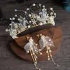 Headpieces Romantic Pearl Bridal Crown Hair Accessories Wedding Jewery Set Tiara Earings Headpiece Pageant Party Crowns 7
