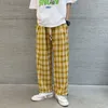 Mäns byxor Noestamal Harajuku Yellow Plaid Drawstring Men's Casual Pants Vintage Loose Straight Streetwear Male Pant Unisex Trousers 230320