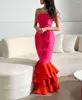 Party Dresses Mermaid Fuchsia Satin Long Prom Strapless Floor Length Saudi Arabic Women Eveing Gowns Formal