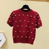 Women's T-Shirt GGRIGHT Summer Fashion Harajuku Pearls Beading T Shirt Women Knitted Tops Short Sleeve O-Neck Tshirts ice silk sweater 230320