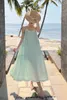 Sıradan Elbiseler Fransız Vintage Uzun Yaz Zarif Boho Kapalı Omuz Maxi Elbise Bayanlar Gevşek Sundress Nane Yeşil Vestidos Mujercasual