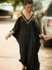 Casual Dresses Sexig Cold Shoulder V Neck Bats Hylsa Löst sommarstrandklänning Plus Size Women Beachwear Kaftan Black Dress Q943 230317