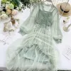 Casual Dresses Lace Floral Dress Women V Neck Long Sleeves Midi Female Pearls Single Breasted Sweet Mesh Summer Ropa MujerCasual
