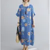 Casual Dresses 2023 Summer Fashion Plus Size Women Clothing Round Neck Short Sleeve Comfortable Cotton And Linen Floral Dress Trend H034