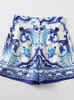 Women Dwuczęściowe spodnie Delocah Wysokiej jakości letnia designerka mody Niebieskie i białe porcelanowe szorty z drukowaniami Batwing Tops Suits 230320