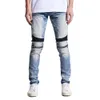 Jeans pour hommes en cuir Biker Zipper Stretch Skinny Fashion High Street Moto Denim Pantalon 230320
