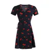 Casual Dresses 2023 Cherry Print Fairy Dress Summer Women Sweet V Neck Bandage Floral Cottagecore Party Holiday Beach Mid Length