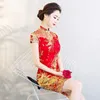 Etnisk kläder kinesisk stil elegant mandarin krage slim cheongsam kvinnor rött broderi qipao bröllop fest klänning rostat bröd