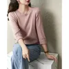 Women's Knits Tees Vimly ONeck Knitted Tops Woman Autumn Shiny Silk Spring Three Quarter Sleeve Loose Elegant Sweater Soft 71033 230317