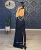 Partykleider OEING High Neck Black Mermaid Abend Perlen Bodenlangen Arabische Frauen Formales Abendkleid Zurück Split Abendkleider