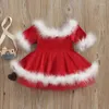 Girl Dresses Christmas Kids Girls Fleece Dress O-Neck Long-Sleeve Off Shoulder High-Waist Skirt With Fur Hem Party Pageant Santa 1-7Y