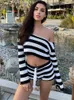 Mulheres Tracksuits Knit Stripe Crop Top Shorts Define Mulheres Casual Manga Longa Top Lace Up Ternos Femininos Primavera Verão Praia Férias Senhora Terno 230317