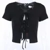 Women's T Shirts Slim Rib Knitted Crop Tops Women Lace Up Cropped Cardigan Short Sleeve Sexy Female Streetwear Tees