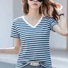 Women's T-Shirt TuangBiang Summer Pearl Cloth Khaki Stripes Cotton T-Shirt Women Patchwork V-Neck Tshirt Breathable Female Fashion Cozy Top 230320