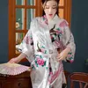 Pijama fino do verão feminino Pijama japonês Kimono Silk Floral Long Robe Cardigan Bathrobe Conjunto