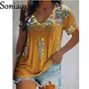 Women's TShirt Sexy Boho V Neck Patchwork Blouse Tops Summer Women Short Sleeve Loose Casual Ethnic Style Print Pullover 230317