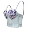 Canotte da donna Canottiere in denim per donna con reggiseno incorporato Jeans Bustier a fiori 3D Corsetto corto Top da indossare Moda coreana High Street