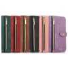 iPhone 14 Pro Max 11 12 13 XS Max 6 7 8 Plus Zipper Pocket Wallet Purse Cover with Card Slot Holder Wrist Strapのフリップレザー携帯電話ケース