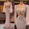 Lichtroze 2023 Avondjurken Lange mouwen Mermaid Kristallen Sequins Applique Sexy illusie vloer lengte plus size plooien prom jurk formele aangepaste vestidos