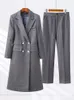 Women's Suits Blazers Women Pant Suit Ladies Gray Coffee Apricot Double Breasted Long Blazer Jacket and Trouser Work Business Wear Formal 2 Piece Set 230320