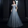 Haze Blue Prom-jurken kristal kralen applique boothals off schouder tule a-line banket veter omhoog lange gastheer feest avondjurk