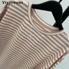 T-Shirt Femme Yiyiyouni Tricoté Basique Rayé T-Shirts Femmes D'été À Manches Courtes Casual Tops Femme Confortable Lâche Coton T-shirts Harajuku Chemise 230320