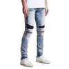Jeans pour hommes en cuir Biker Zipper Stretch Skinny Fashion High Street Moto Denim Pantalon 230320