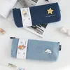Primary School Canvas Fabric Pencil Bag Japanese Retro Style Literary Writing Case With 2PCS Detachable Pins Pouches Stationery