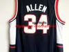 NCAA Connecticut Huskies Ray 34 Allen Jersey Mavi Renk Retro Dikişli Ray Allen College Basketbol Formaları