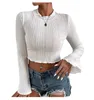 Women's T Shirts EWSFV 2023 Product For Autumn And Winter Women Clothing Sexy Folds Slimming Trumpet Sleeve Solid Color Cropped Top