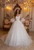 Fashion Ostrich Feather A Line Wedding Dresses Sheer Jewel Neck Long Sleeve Lace Bride Dress Illusion Bridal Gowns