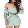 Women's Tracksuits Women off shoulder long sleeve stripes print blouse shirt shorts suit two piece set 230317