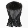 Women's Vests 2023 Autumn Winter Imitation Fur Vest Women's Short Hair PU Leather Casual Girl Lady Black Waistcoat