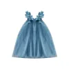소녀의 드레스 여름 달콤한 귀여운 귀여운 잎 모양의 서식기 푸른 공주 드레스 코튼 얀 여자 옷 여자 드레스 3-14y 230320