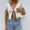 Women's T Shirts Slim Rib Knitted Crop Tops Women Lace Up Cropped Cardigan Short Sleeve Sexy Female Streetwear Tees