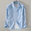 Casual shirts -stijl voor heren Sky Blue Shirt Men Merk Linnen Solid Fashion Lange Mouw Square Collar Cotton Shirts For Men Camisas Chemise 230320