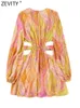 Sıradan Elbiseler Zevity Kadınlar Vintage v Boyun Fıstığı Fındık Çiçek Baskı Şifon Mini Elbise Kadın Şık Uzun Kollu Twist Boş Out Vestidos DS1845 230317