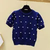 Women's T-Shirt GGRIGHT Summer Fashion Harajuku Pearls Beading T Shirt Women Knitted Tops Short Sleeve O-Neck Tshirts ice silk sweater 230320