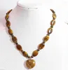 Chains Jewelry Natural 13x18mm Oval Tiger Eye Gems Stone 25mm Heart Pendant Necklace 18''