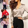 Women's Polos Sexy V Neck Office Ladies Blouses Shirt Elegant Satin Blouse Casual Solid Long Sleeve Spring Summer Female Party Tops 230317