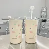 Water Bottles Cute Flower Stainless Steel Thermos Bottle 480ML Home Office Thermal Insulation Water Milk Tea Cup Portable Outdoor Straw Cup 230320