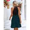 Casual Dresses Women Summer Halter Neck Leopard Patchwork Tie Waist Ruffle Flowy Short Dress