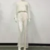 Women's Two Piece Pants Sexy Shiny Sequins 2 Piece Set Women Outfits Lantern Sleeve Crop Top And Flare Pant Suits Rave Festival Club Party Clothing 230317
