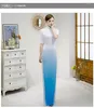 Etnische kleding gradiënt luxe pailletten prachtige lange vork satin cheongsam podium show dance jurk elegant sexy slank bodycon qipao mode