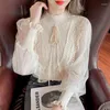 Women's Blouses 2023 Autumn Ruffle Stitched Women's Blouse Korean Stand Collar Bow Tie Chiffon Sleeve Bottomed Sweater Hollow Shirt