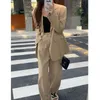 Damespakken Blazers Women Blazer Suit 2 -delige sets uiteenzaken vrouwelijke jas met lange mouwen casual broek broekpakje Lady Green Brown Business Suits 230320