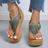 Sandals Tassels Clip Toe Summer Women Sandals Flower Printed Wedges Sandals Woman Plus Size Non Slip Casual Shoes Female 230320