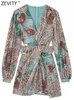 Robes décontractées Zevity Femmes Vintage Col V Noix De Cajou Floral Imprimé En Mousseline De Soie Mini Robe Femme Chic À Manches Longues Twist Creux Out Robes DS1845 230317