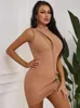 Casual jurken Ingrile solide elegante gebreide mini -jurk vrouwen Mock Neck Diagonal Zipper Backless mouwloze bodycon Party Clubwear Vestido