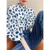 Bluzki damskie stojak na kołnierz niebieska kwiatowa koszula kobiety Camisas blusas mejr de moda Lantern Sleeve luźne koszule w stylu vintage kropki